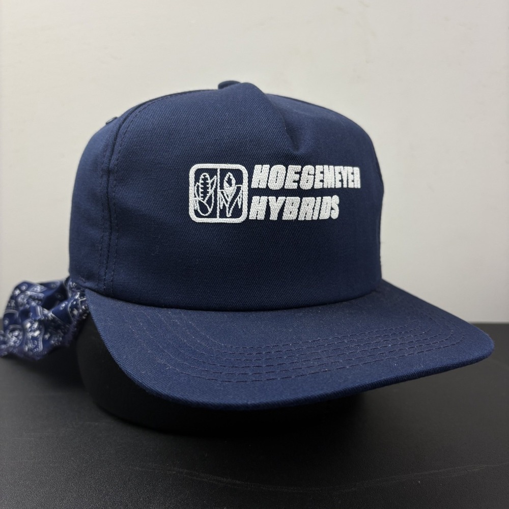 Vintage 90s Hoegemeyer Hybrids Hat Navy Blue Bandana Sun Flap Snapback Cap